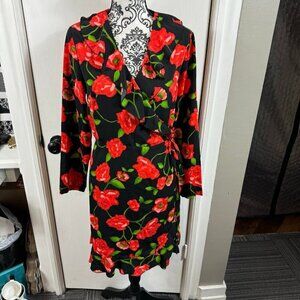 JOY black and red floral ruffle trim knee length wrap dress.  Size L